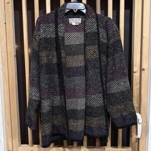 Vintage Yves Venet Cardigan One Size Black Pink Orange Striped Open Front